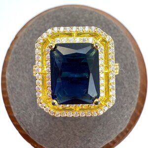 Large Synthetic Sapphire CZ Halo Ring VTG Gold Over Sterling Silver 925 Size 6